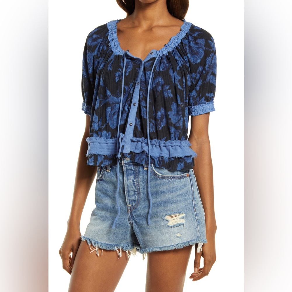 Free People Black and Blue Floral Blouse